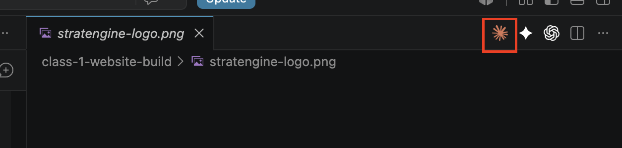 The orange Claude Code starburst icon in the top-right toolbar of VS Code, highlighted with a red box.