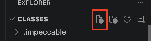 The New File button in the VS Code Explorer panel header, highlighted with a red box.