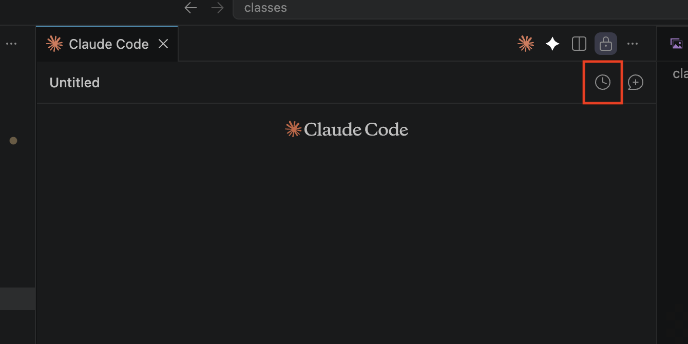 The Claude Code panel with the clock-shaped conversation-history icon, top-right, highlighted in a red box.