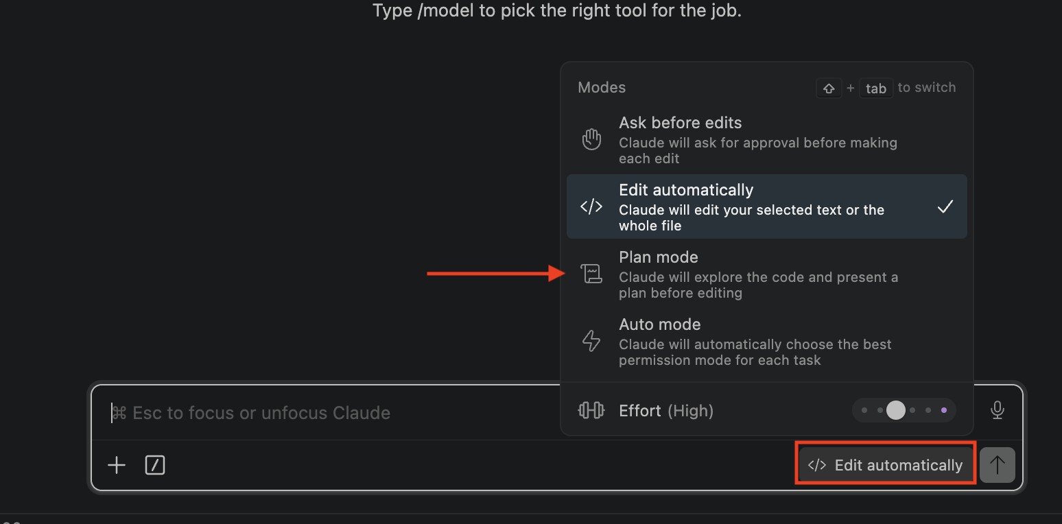 The Claude Code modes menu with Plan mode highlighted by a red arrow; 'Shift + Tab to switch' shown top-right.